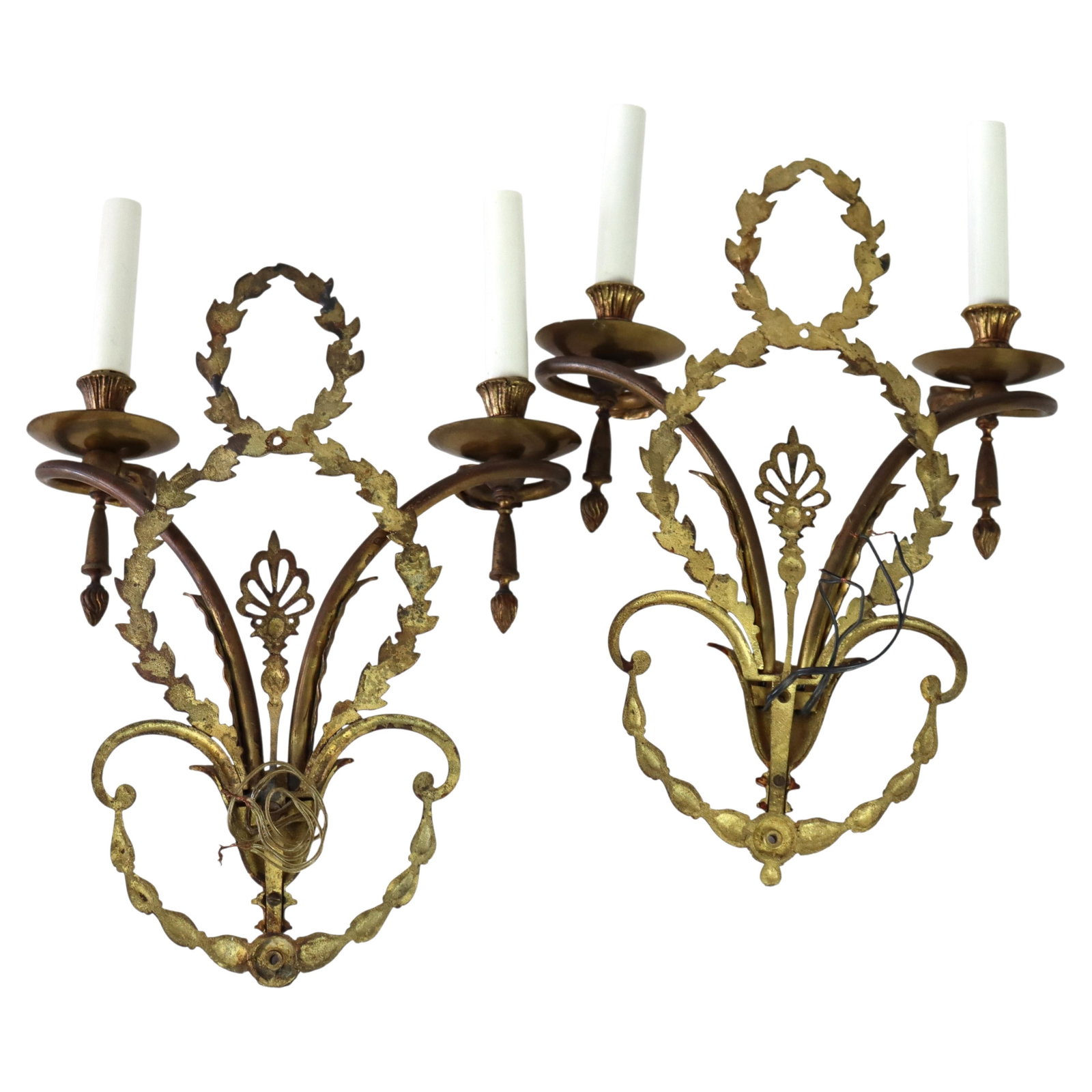 Set of 2 Bronze Louis XV Style Double Arm Electric Wall Lights with Laurel Motif (1 of 12)
