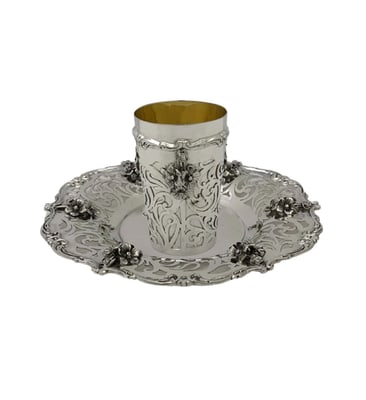 Handmade 925 Sterling Silver Floral Applique Cup & Tray Set: Handmade 925 Sterling Silver Floral Applique Cup & Tray Set This exquisite 925 Sterling Silver cup and tray set showcases a stunning handmade design with fluted open swirl and chased floral applique d