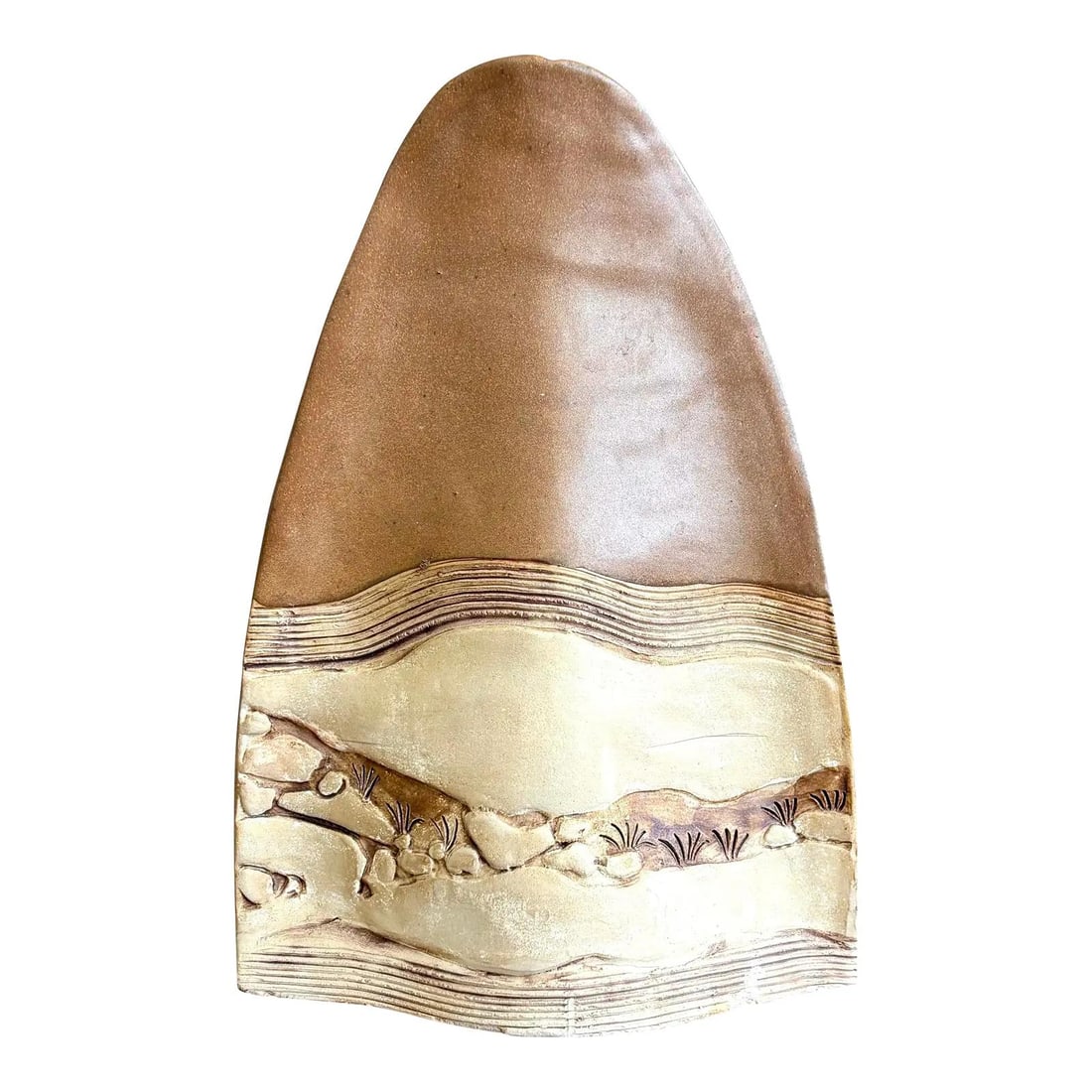 Vintage Boho Rustic Ceramic Pottery Vase 12" Tall Camel Color: Vintage Boho Rustic Ceramic Pottery Vase 12" Tall Camel Color This vintage Boho rustic studio pottery vase features a soft, peaked form that evokes the silhouette of a distant hill or wave. The surfac