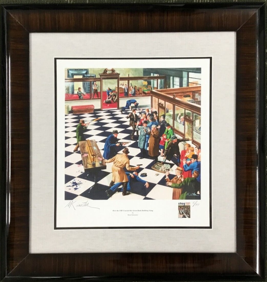 Mort Kunstler Signed Limited Edition Giclee How The FBI Cracked The Great Bank Robbing Gang Framed: Mort Kunstler Signed Limited Edition Giclee How The FBI Cracked The Great Bank Robbing Gang Framed Print This stunning limited edition giclee print by renowned artist Mort Kunstler captures the dramat