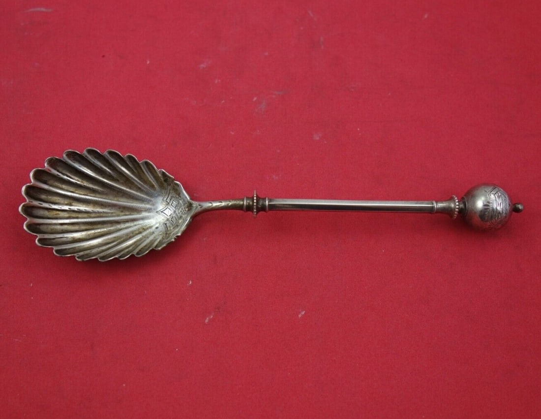 George Sharp Ball End Sterling Silver Sugar Spoon 7 Inch Shell Brite-Cut (1 of 2)