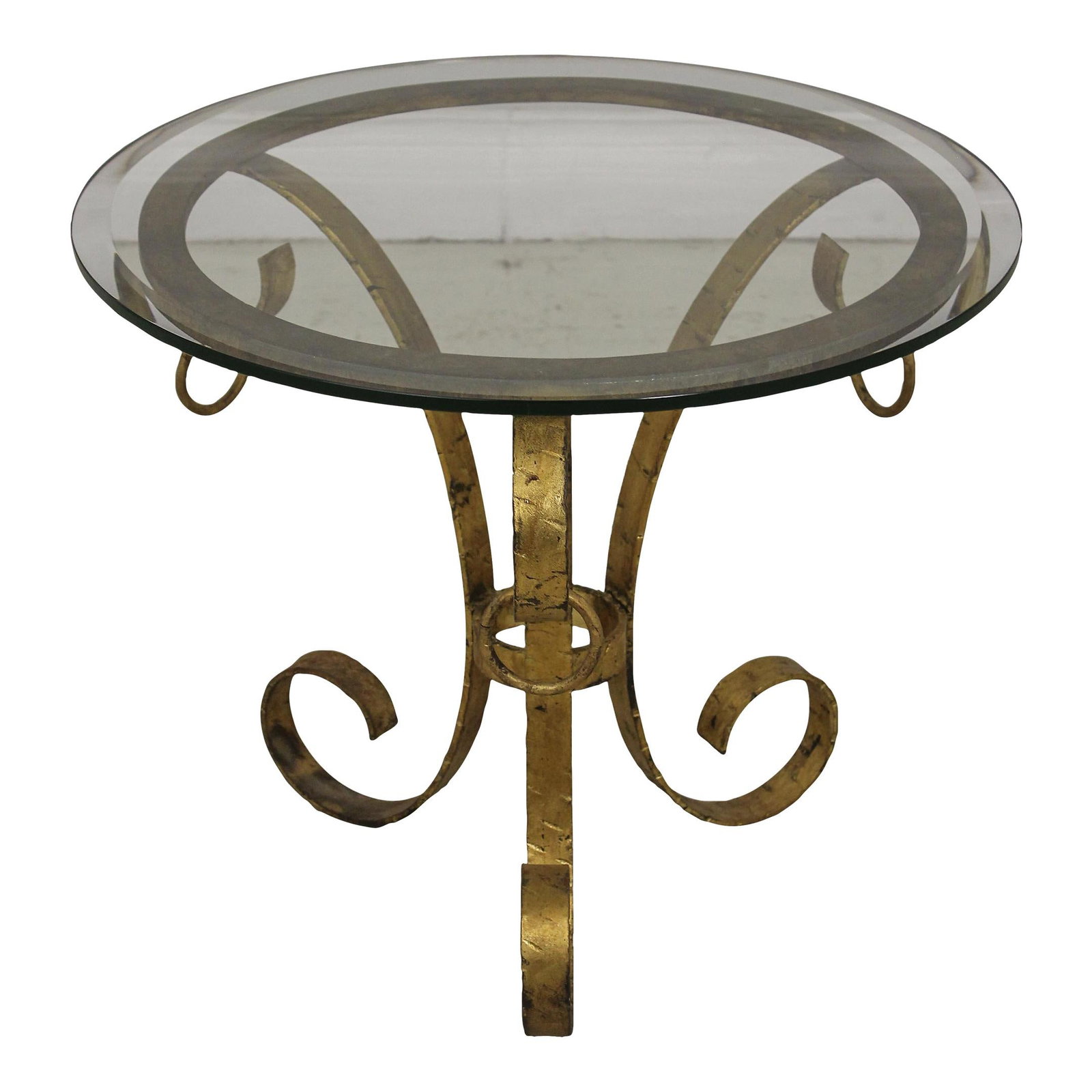 Vintage Italian Gold Finish Iron Base Round Glass Top Table: Vintage Italian Gold Finish Iron Base Round Glass Top Table This exquisite Italian lamp table features a beautiful round glass top with a beveled edge, supported by a sturdy and heavy iron base finish