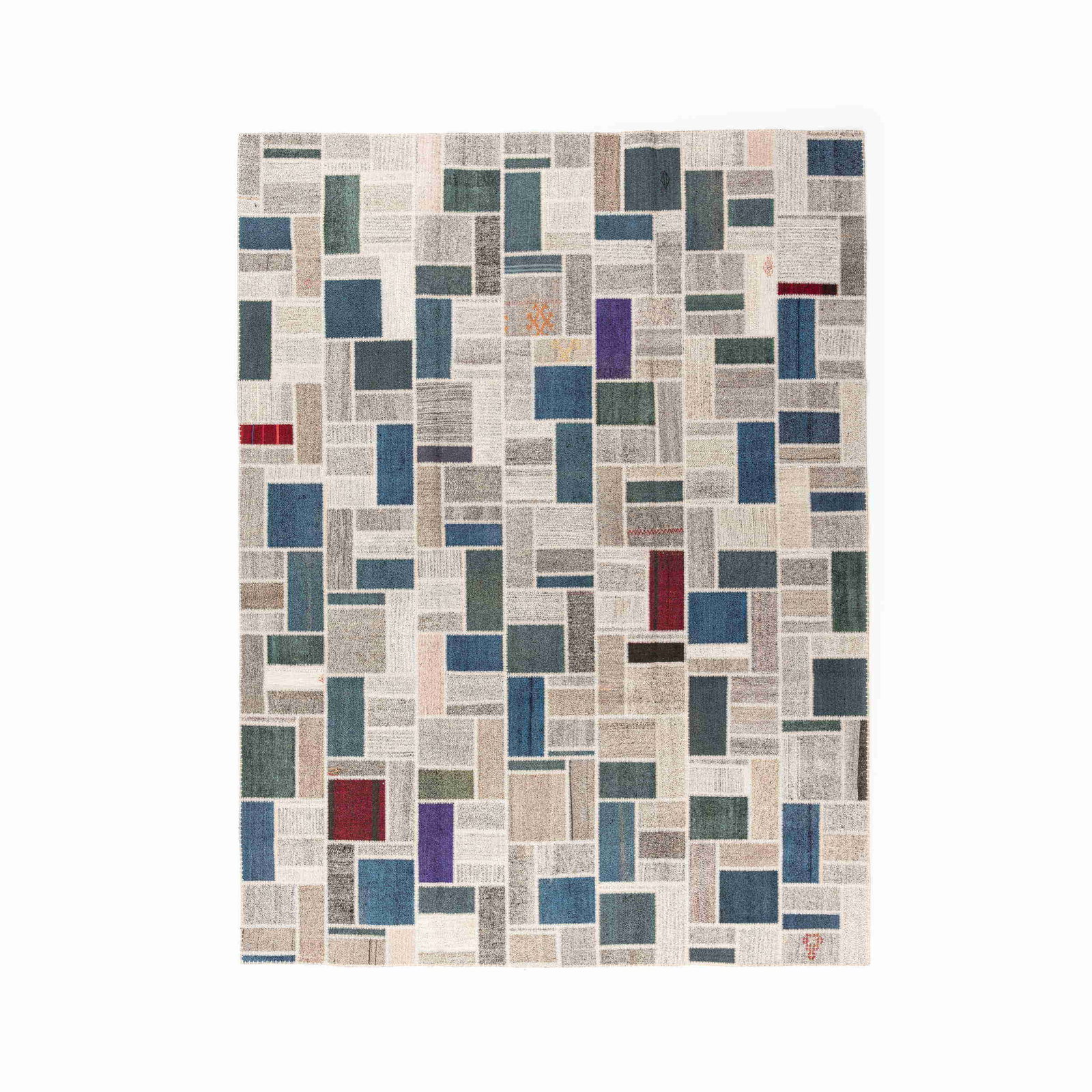 Handmade Patchwork Wool Carpet 116.5x155.5 Inches: Handmade Patchwork Wool Carpet 116.5x155.5 Inches This authentic handmade patchwork carpet is meticulously crafted from high-quality wool on wool, showcasing a unique design that adds warmth and chara