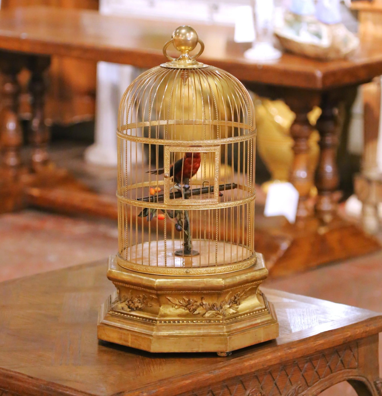 French Gilt Bronze Singing Bird Automaton Circa 1880 on Ornate Giltwood Base - 3