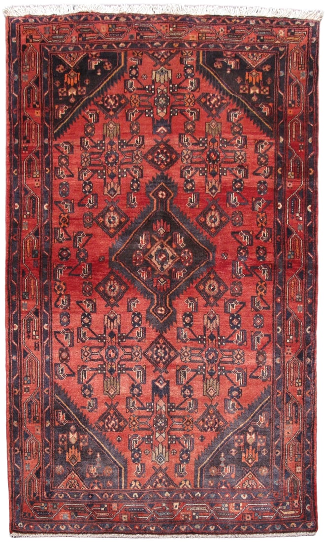 Handcrafted 4.6 x 7.5 Persian Hamadan Area Rug in Fire Red: Handcrafted 4.6 x 7.5 Persian Hamadan Area Rug in Fire Red Free continental US Shipping This 4.6 x 7.5 Persian Hamadan Rug is a stunning handcrafted piece that showcases the exceptional artistry of Pe