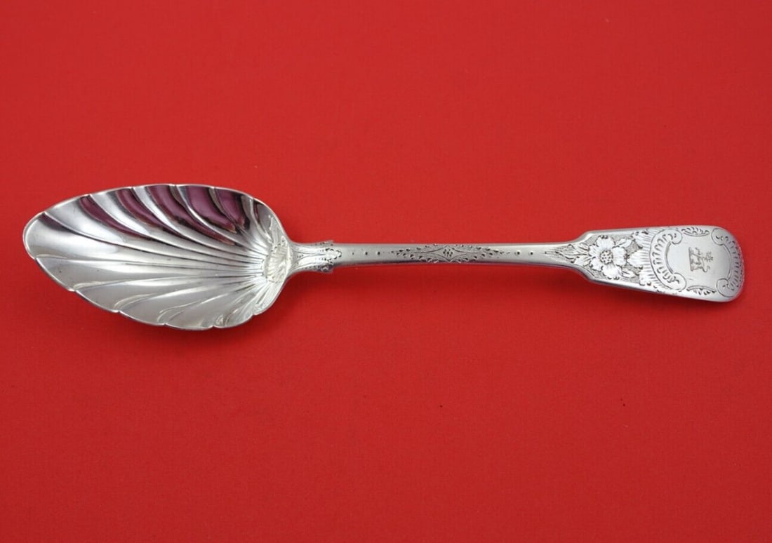 James Beebe Georgian Sterling Silver 9 Inch Berry Spoon with Leaf Bowl: James Beebe Georgian Sterling Silver 9 Inch Berry Spoon with Leaf Bowl This exquisite 9" English Georgian serving spoon, crafted from sterling silver, showcases a stunning leaf bowl and an intricately