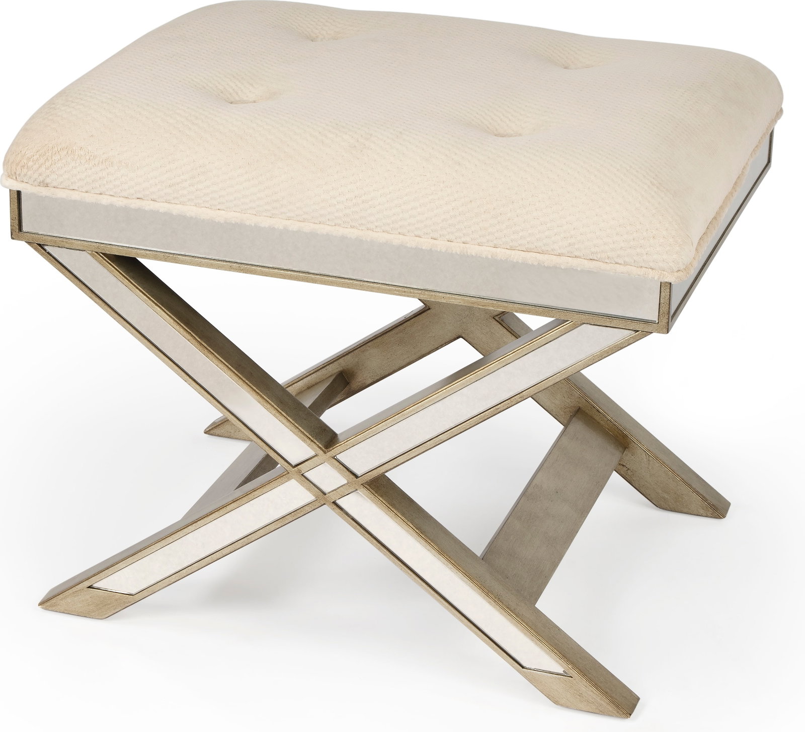 Butler Cream Mirror Vanity Stool Backless X-Legged Design: Butler Cream Mirror Vanity Stool Backless X-Legged Design This elegant vanity stool combines vintage charm with modern functionality. Crafted by the Butler Specialty Company, it features a backless de