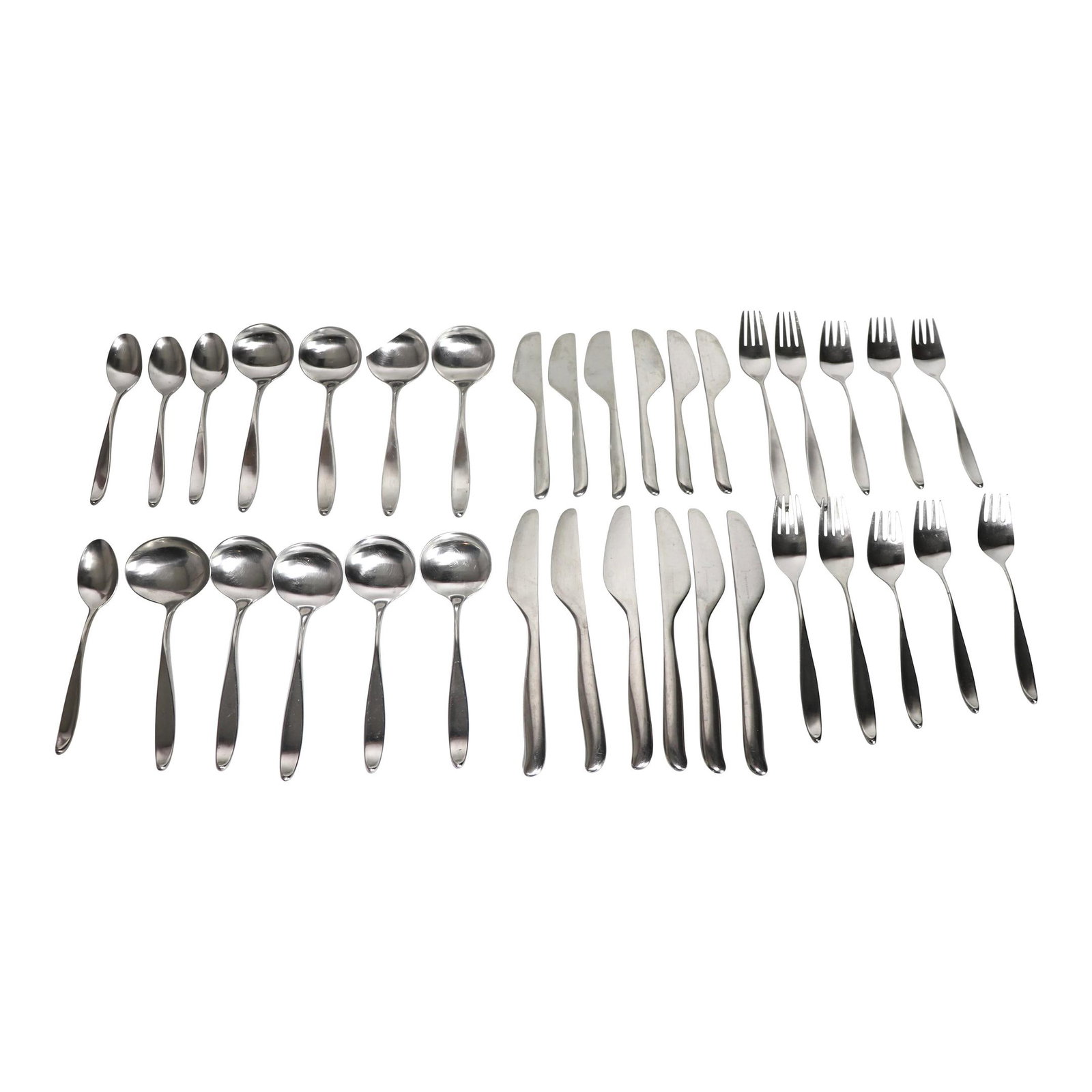 35 Piece Lauffer Stainless Steel Flatware Set Design 2 by Dan Wallace: 35 Piece Lauffer Stainless Steel Flatware Set Design 2 by Dan Wallace Elevate your dining experience with this exquisite 35-piece set of Lauffer Stainless Steel Flatware, designed by Dan Wallace. Craf