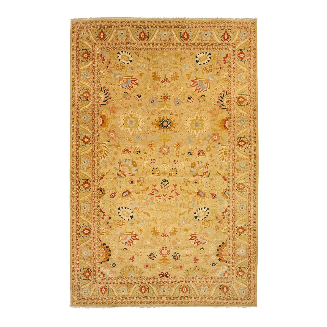 Oversized Tan Floral Oushak Style Wool Rug 12'10 x 19'8: Oversized Tan Floral Oushak Style Wool Rug 12'10 x 19'8 Enhance your living space with this stunning oversized contemporary Oushak-style wool rug. Showcasing a striking tan background, this rug is ado