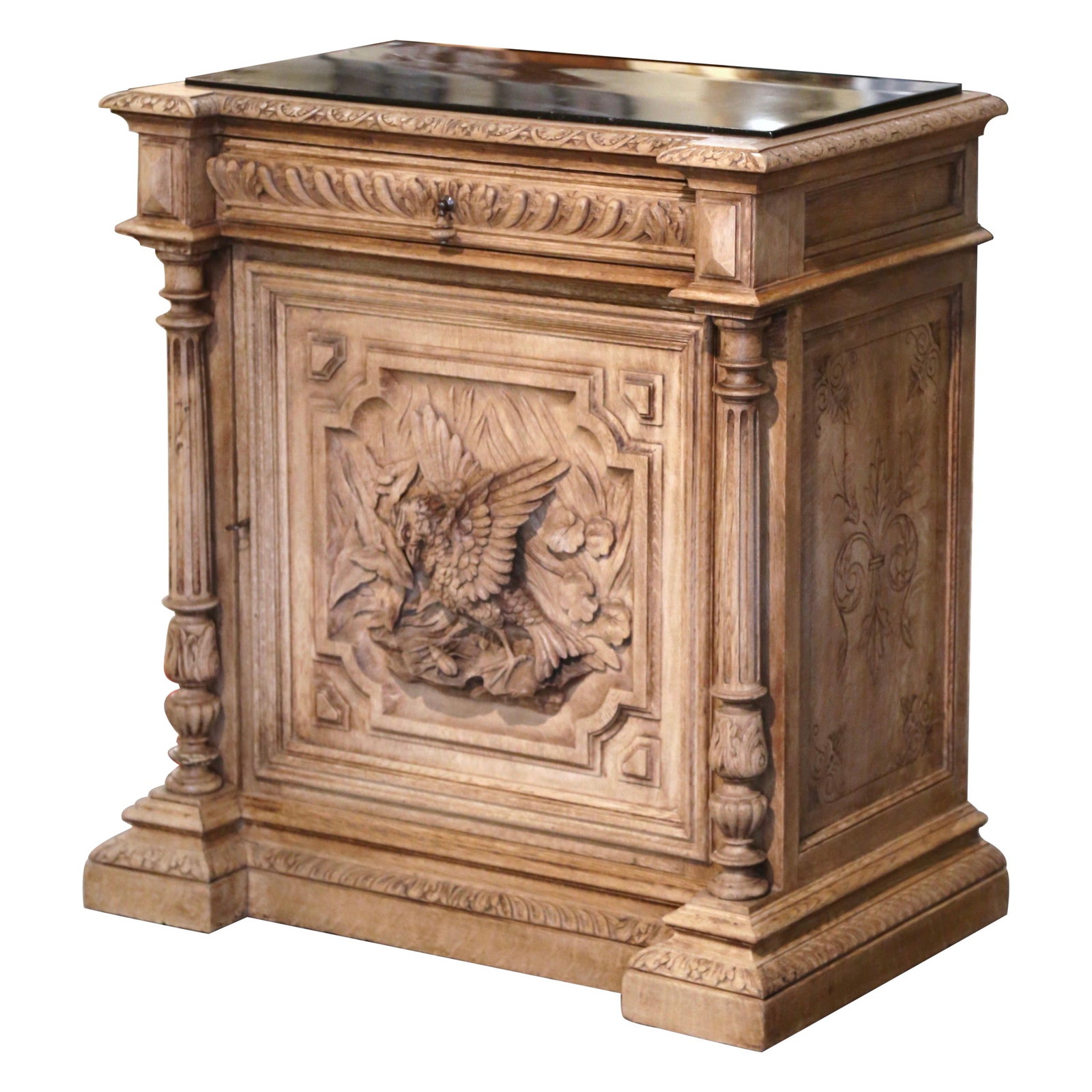19th Century French Louis XIII Bleached Oak Confiturier with Black Marble Top: 19th Century French Louis XIII Bleached Oak Confiturier with Black Marble Top Discover the elegance of this 19th Century French Louis XIII carved bleached oak confiturier, a stunning piece that effort