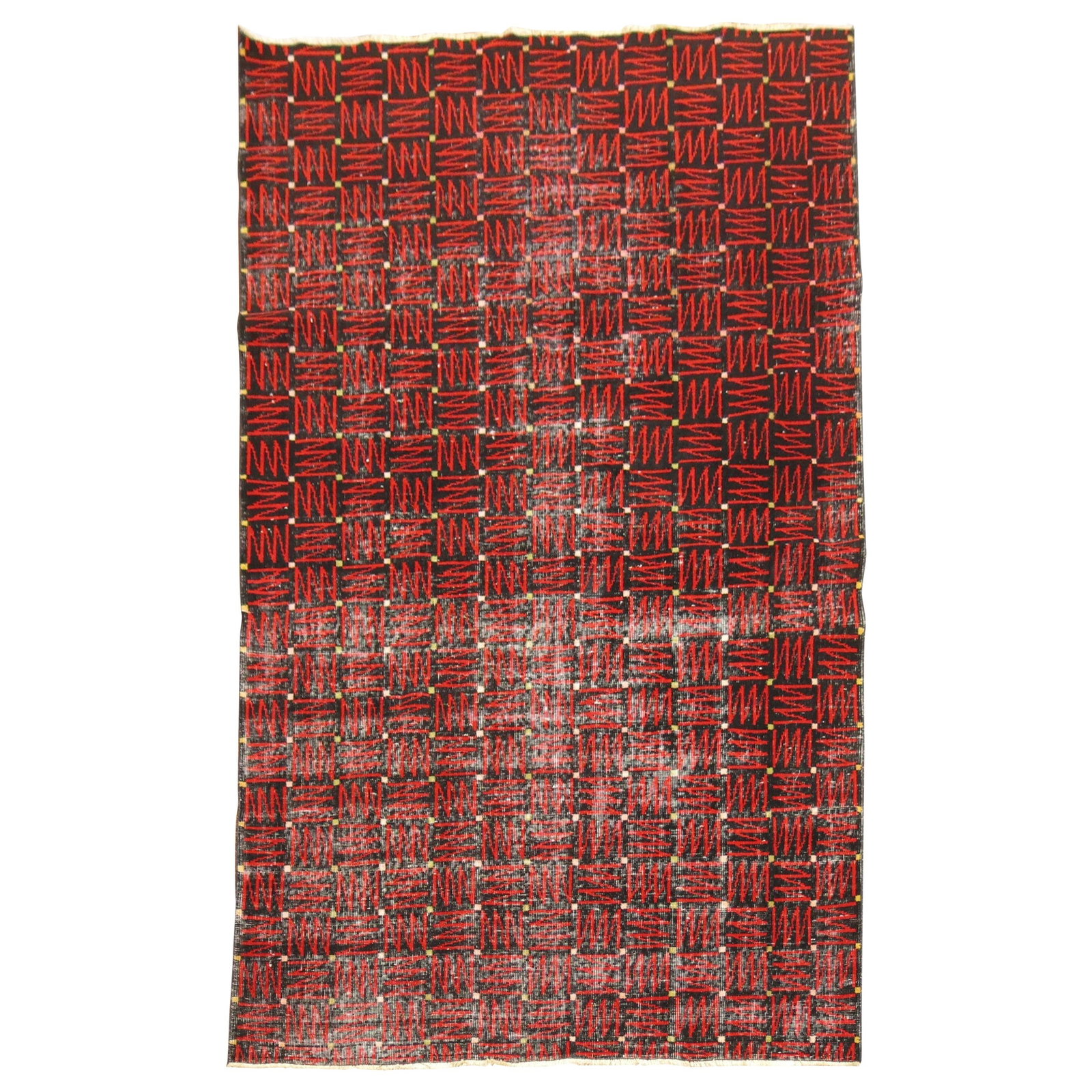 Mid Century Turkish Wool Hand Knotted Deco Rug 60 x 94: Mid Century Turkish Wool Hand Knotted Deco Rug 60 x 94 This mid-20th century Turkish Deco rug features a striking futurist repetitive design in black and red hues. Expertly hand-knotted from wool, it 
