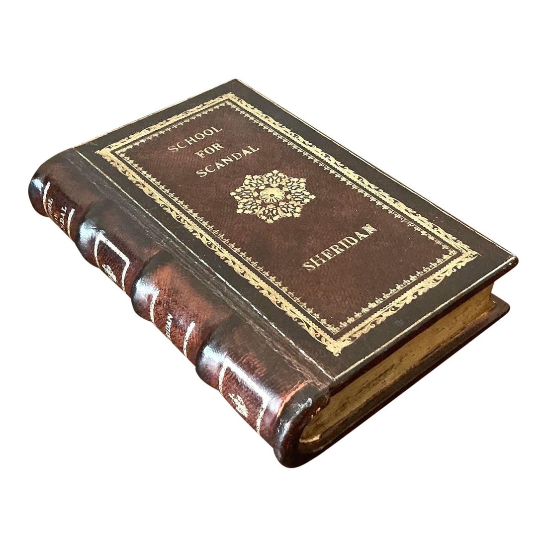 Vintage Boho Leather Bound Book Box School for Scandal Decorative Storage (1 of 8)