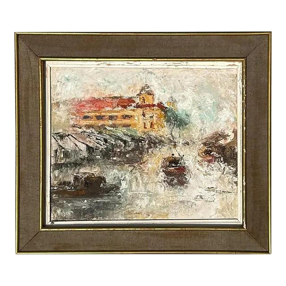 Impressionist Harbor Oil Painting on Canvas Framed 24.75 x 21.5: Impressionist Harbor Oil Painting on Canvas Framed 24.75 x 21.5 This vintage Boho oil on canvas presents an impressionistic harbor landscape, characterized by romantic, expressive brushstrokes that bl