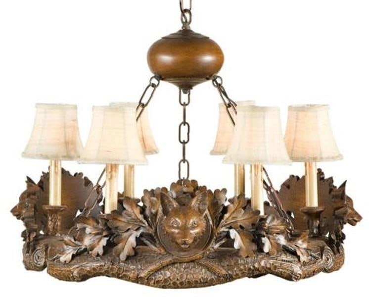 Rustic Lodge Fox Head Bowl Chandelier with Linen Shades (1 of 1)