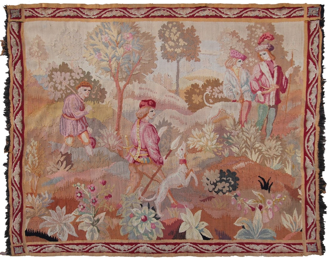 French Verdure Wool Tapestry 4x5 ft Handmade Circa 1920: French Verdure Wool Tapestry 4x5 ft Handmade Circa 1920 This rare antique French tapestry from circa 1920 is a handwoven piece crafted from 100% wool with a cotton foundation. Featuring a verdure and 