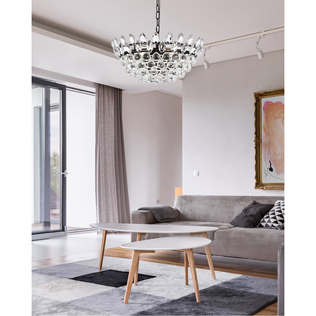 Emilia 5-Light Black Crystal Pendant Chandelier: Emilia 5-Light Black Crystal Pendant Chandelier This French Empire-style chandelier features a modern design with a black and clear finish and royal cut crystal accents. The pendant ceiling light incl