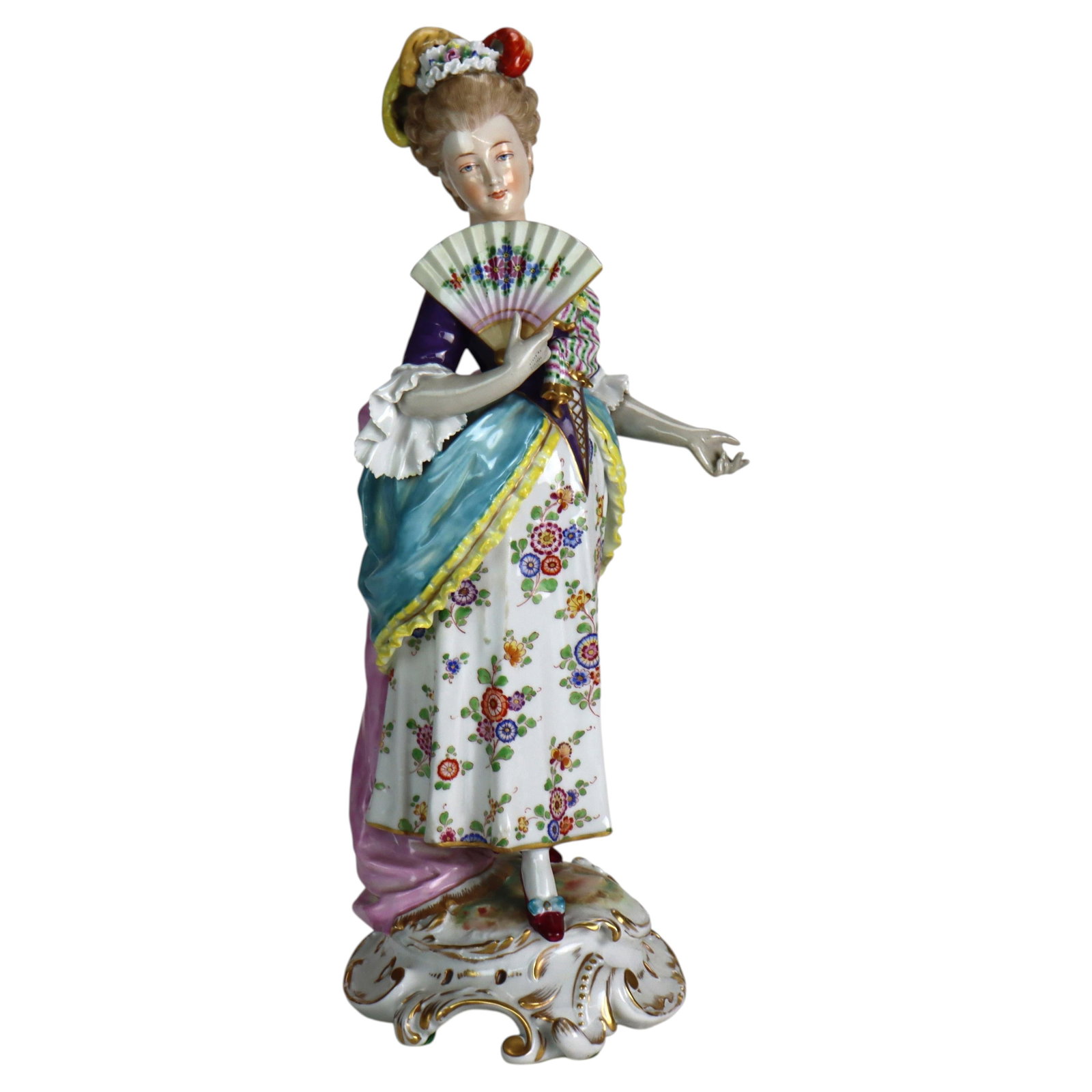 Rococo Revival Porcelain Lady Figure by Volkstedt Hand Painted Circa 1890: Rococo Revival Porcelain Lady Figure by Volkstedt Hand Painted Circa 1890 This antique Volkstedt porcelain figure, crafted circa 1890, features a finely dressed woman in Rococo Revival style. The hand