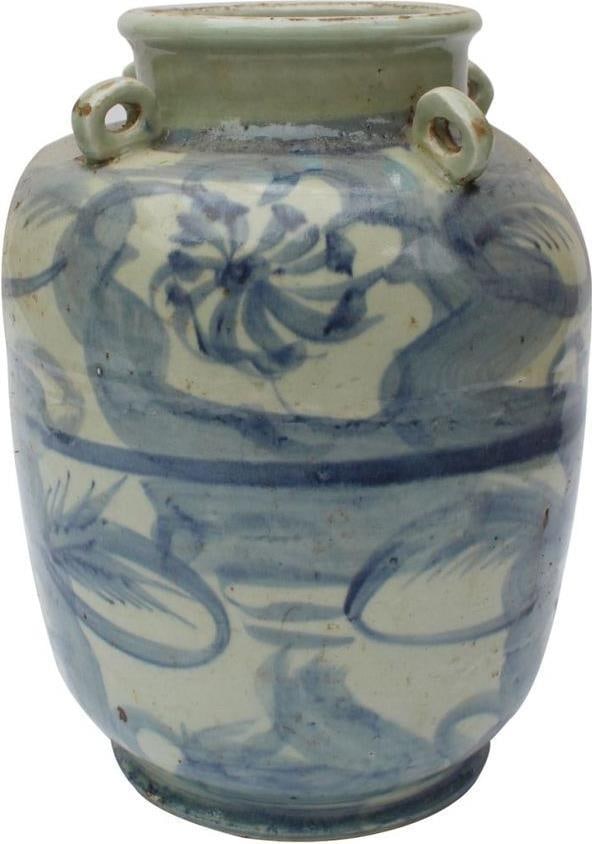 Handmade Chinoiserie Blue White Floral Porcelain Jar 15H 10W 10D: Handmade Chinoiserie Blue White Floral Porcelain Jar 15H 10W 10D This elegant blue and white floral porcelain jar is crafted in a charming antique or vintage style, showcasing the timeless beauty of C