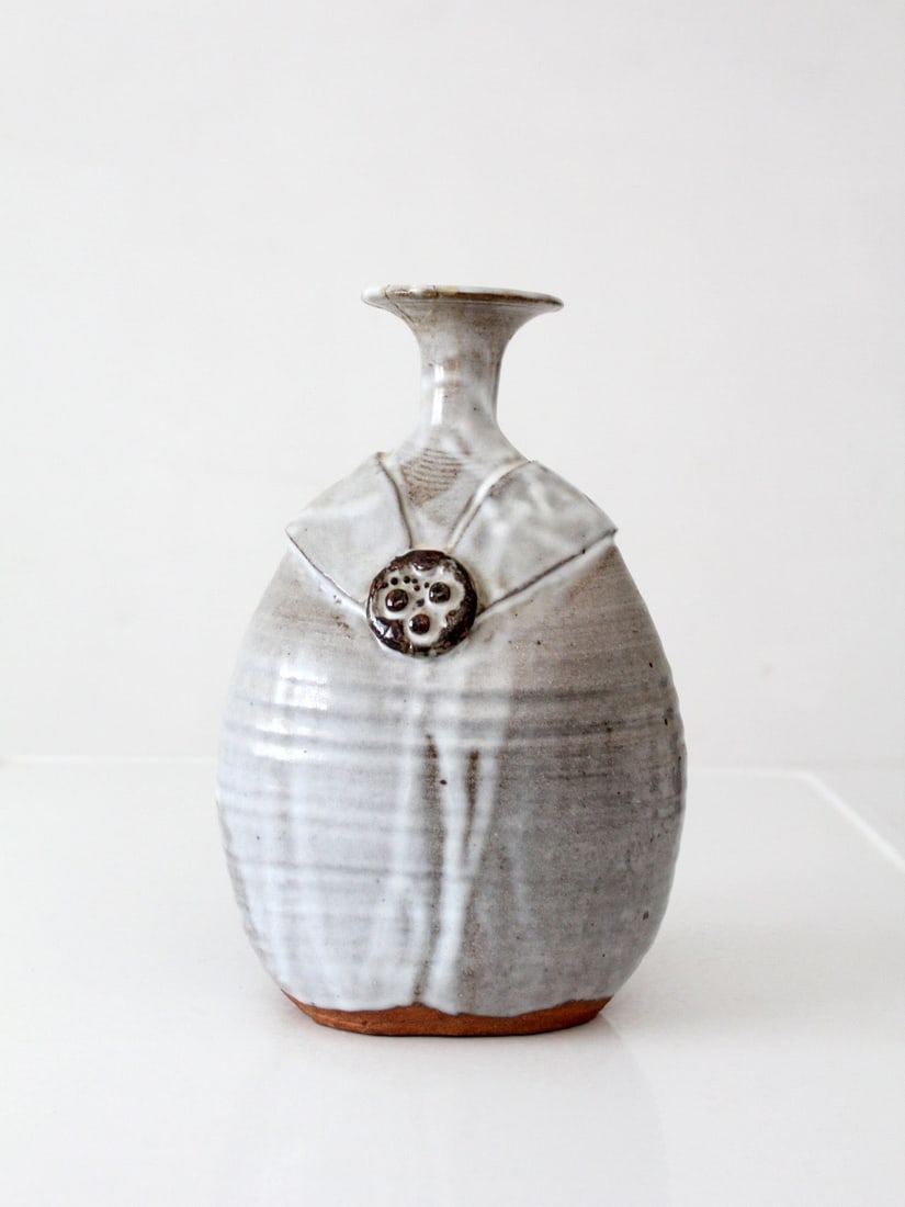 1970s Gray White Glazed Studio Pottery Vase with Medallion Detail (1 of 12)