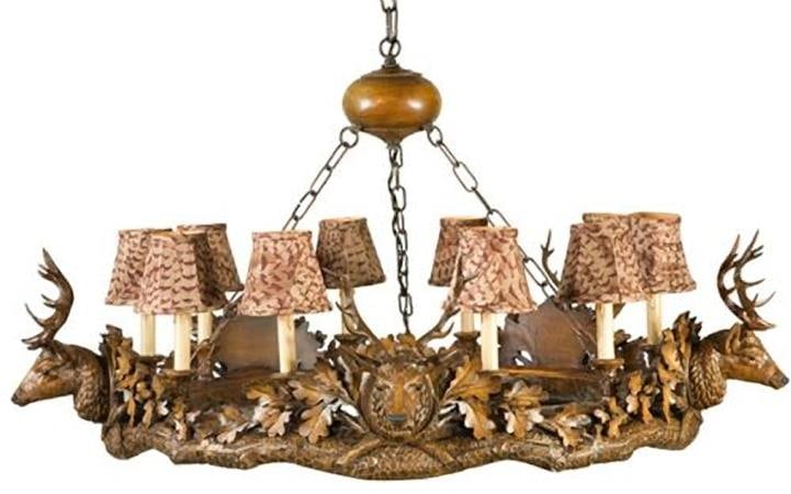 Rustic Stag Head Bowl Chandelier Feather Pattern Lodge Style: Rustic Stag Head Bowl Chandelier Feather Pattern Lodge Style This item is made at time of order. Please allow 42 to 70 days for production. Illuminate your space with this exquisite Stag Head Chandeli