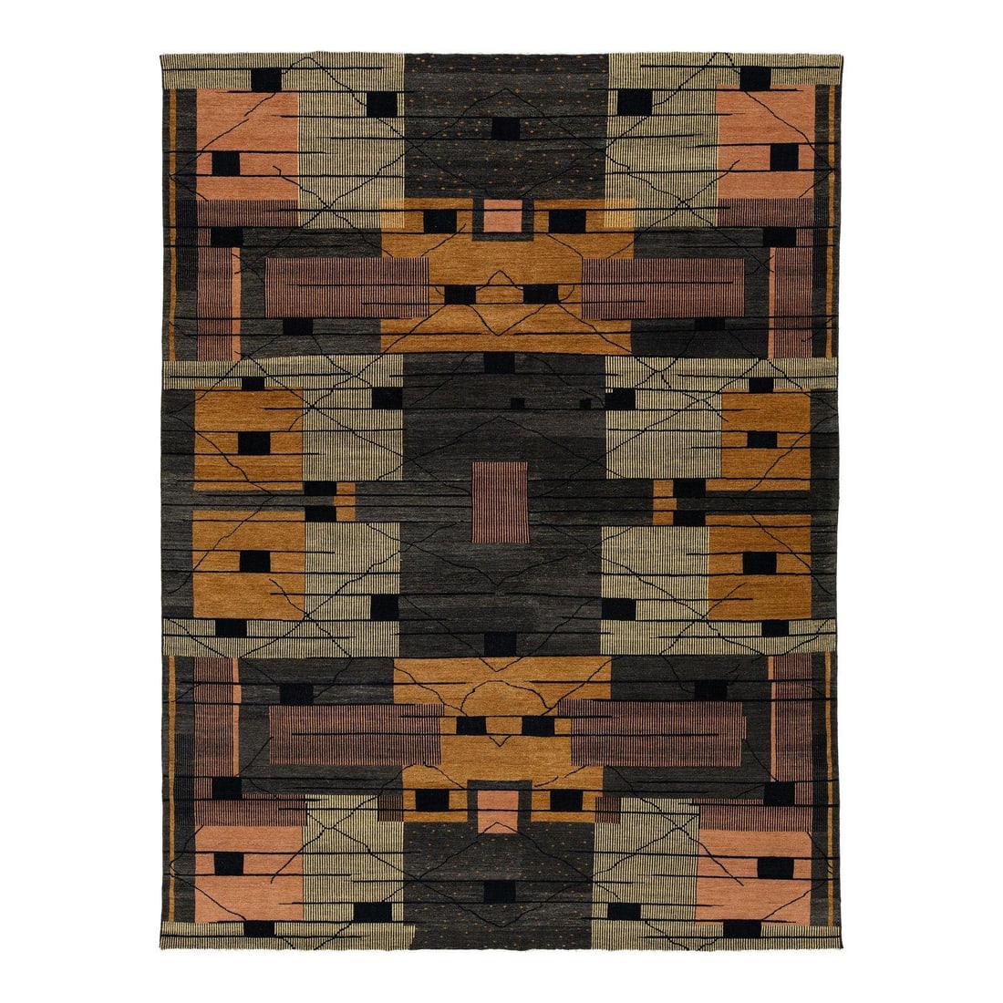 Turkish Wool Rug 9'1 x 12'1 Art Deco Design in Earthy Tones: Turkish Wool Rug 9'1 x 12'1 Art Deco Design in Earthy Tones Add a touch of sophistication to your space with this stunning hand-woven Turkish wool rug. Designed in a modern style, it features an elega