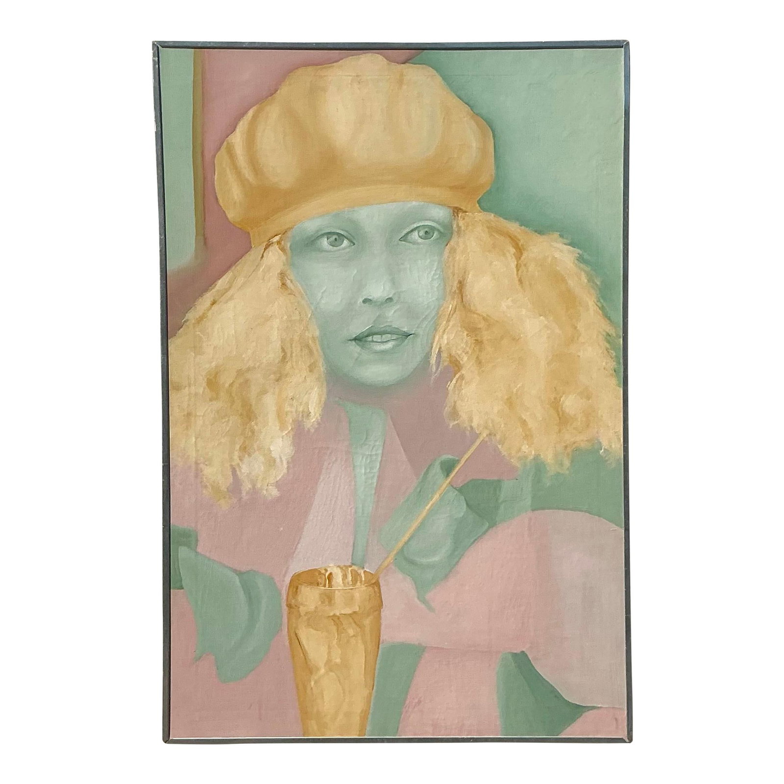 Mid Century Vintage Boho Oil Painting Woman Golden Hair 24.25x36: Mid Century Vintage Boho Oil Painting Woman Golden Hair 24.25x36 This vintage oil painting presents a mesmerizing portrait in soft pastels and bold expressions. Depicting a woman with flowing golden h