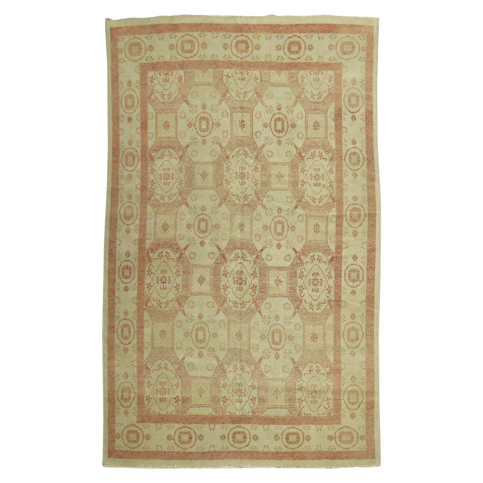 Antique Khotan Rug 1910 Anglo-Japanese Hand-Knotted Wool 76 x 115 in: Antique Khotan Rug 1910 Anglo-Japanese Hand-Knotted Wool 76 x 115 in Discover the beauty of this Vintage Khotan Rug, a stunning piece that showcases the rich craftsmanship of the early 20th century. M