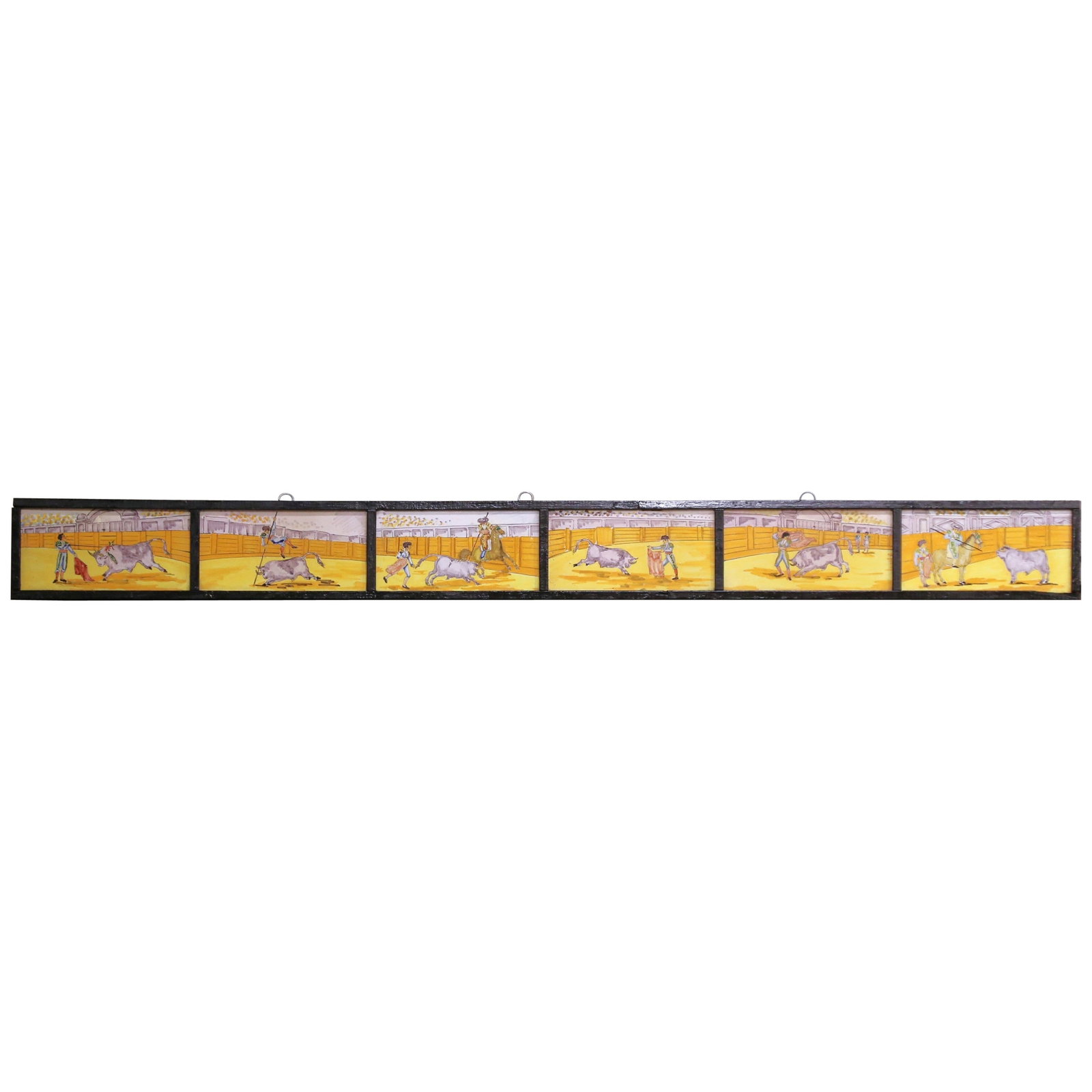 19th Century Hand-Painted Spanish Bullfighting Tile Frieze in Frame: 19th Century Hand-Painted Spanish Bullfighting Tile Frieze in Frame Experience the vibrant artistry of 19th century Spain with this stunning tile frieze. Crafted circa 1890, this hand-painted faience 