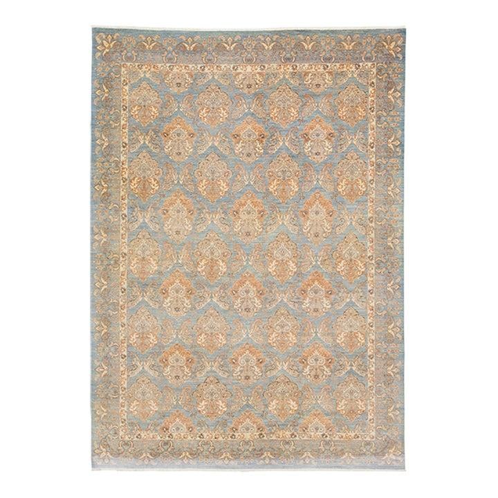 Handmade Oushak Style Blue Wool Rug 8'10 x 12'4: Handmade Oushak Style Blue Wool Rug 8'10 x 12'4 This stunning Oushak-style wool rug features a captivating blue background adorned with a detailed floral pattern. The design incorporates elegant beige