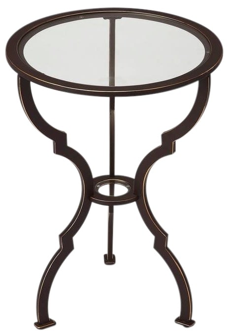 Butler Yvonne Round End Table Black Iron Glass Transitional Style: Butler Yvonne Round End Table Black Iron Glass Transitional Style This elegant Chic Black Iron & Glass End Table is a stunning addition to any room. Featuring a round shape and a stylish transitional 