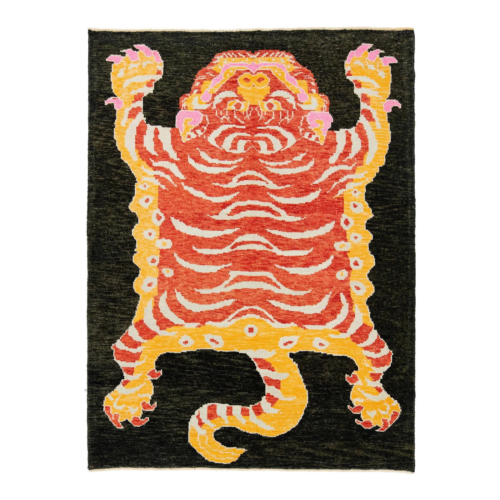 Turkish Art Deco Wool Rug with Tiger Motif 5'5 x 7'4: Turkish Art Deco Wool Rug with Tiger Motif 5'5 x 7'4 Transform your living space with this exquisite Turkish Art Deco wool rug featuring a captivating tiger motif. The rug showcases a rich dark brown 