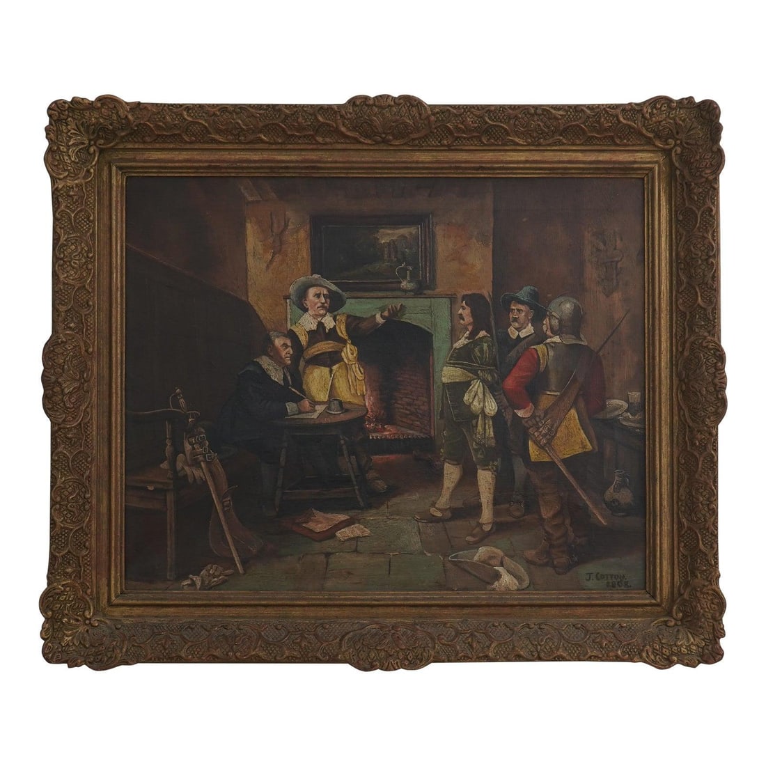 Signed Oil Painting by J Cotton Noblemen at Fireplace 25.5 x 21.5: Signed Oil Painting by J Cotton Noblemen at Fireplace 25.5 x 21.5 This oil on canvas painting, created circa 1908, depicts noblemen or soldiers gathered by a fireplace in a scene rendered with vibrant