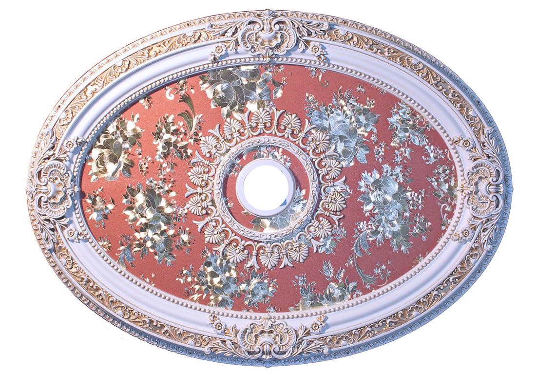 Artistry oval chandelier ceiling medallion 43 inch red rose bouquet: Artistry oval chandelier ceiling medallion 43 inch red rose bouquet This oval chandelier ceiling medallion features a French floral design with a red rose bouquet motif, adding elegance and sophistica