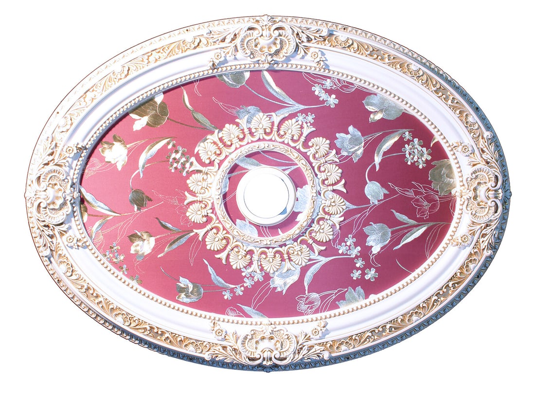 Artistry oval ceiling medallion with red tulip design: Artistry oval ceiling medallion with red tulip design This 43-inch oval chandelier ceiling medallion features a red tulip flower design with an antique painted finish, adding an elegant decorative acc