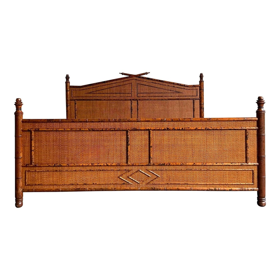 King Size Burnt Bamboo Bed With Woven Cane Panels Vintage Boho Style: King Size Burnt Bamboo Bed With Woven Cane Panels Vintage Boho Style This vintage King size bed frame showcases a luxurious tropical design, combining a faux bamboo aesthetic with woven cane panel ins