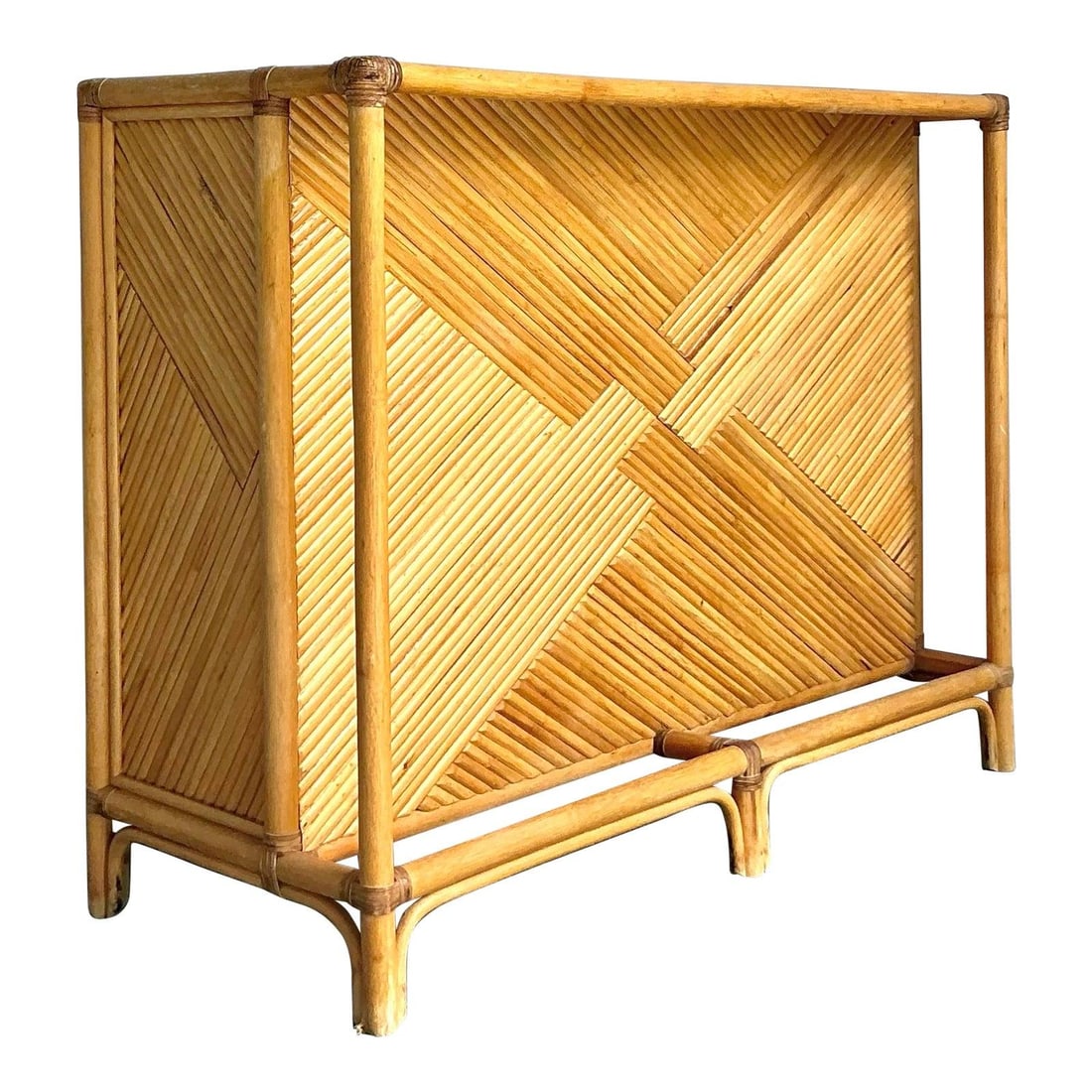 Boho Chic Woven Rattan Dry Bar With Geometric Design 52 Inch Wide: Boho Chic Woven Rattan Dry Bar With Geometric Design 52 Inch Wide This vintage woven rattan dry bar features a sturdy frame with intricately woven panels, showcasing a dynamic geometric pattern that b