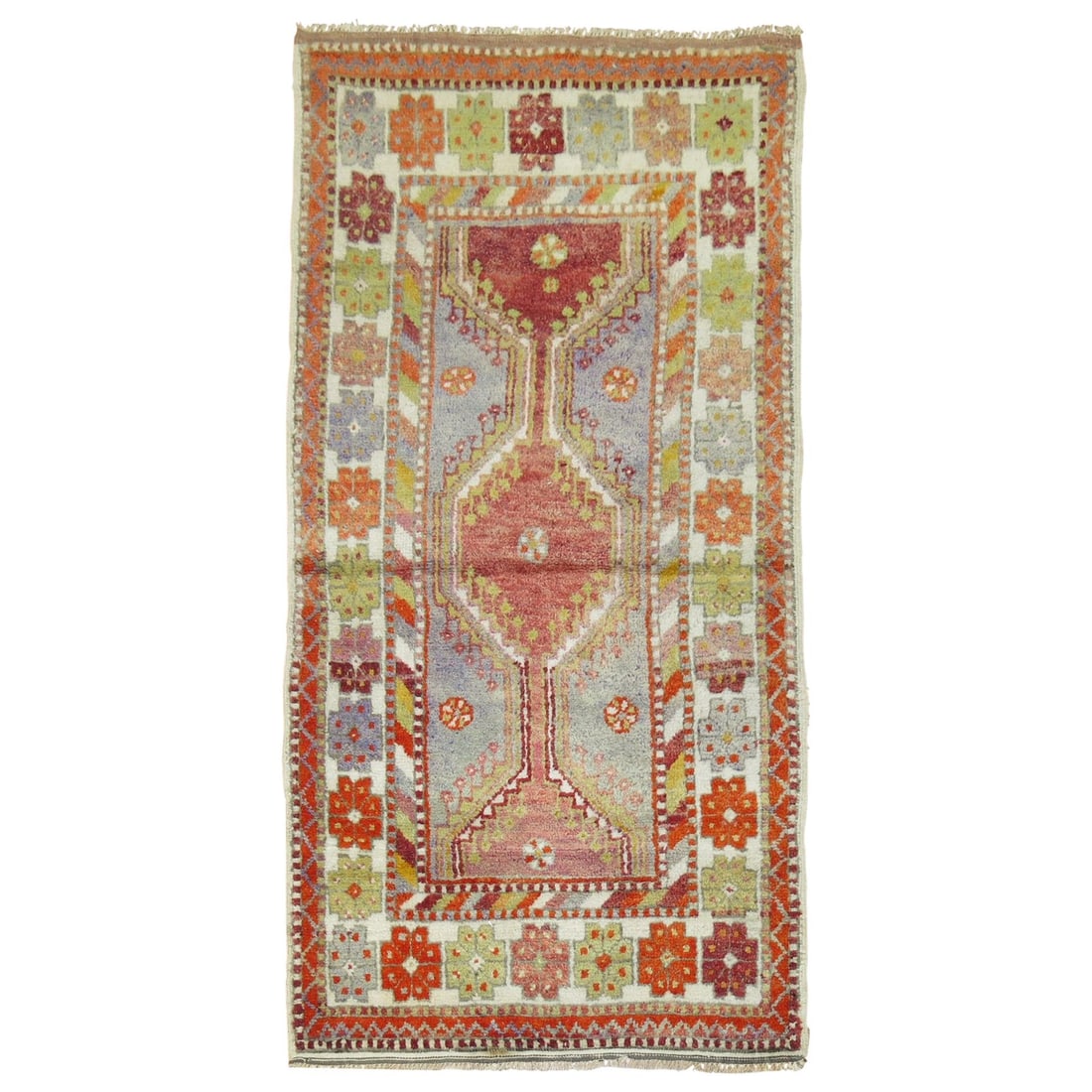 Oushak Design Vintage Turkish Wool Scatter Rug 29 x 56 Inch: Oushak Design Vintage Turkish Wool Scatter Rug 29 x 56 Inch This colorful vintage Turkish Anatolian throw rug features a traditional Oushak design, beautifully hand-knotted from durable wool. Measurin