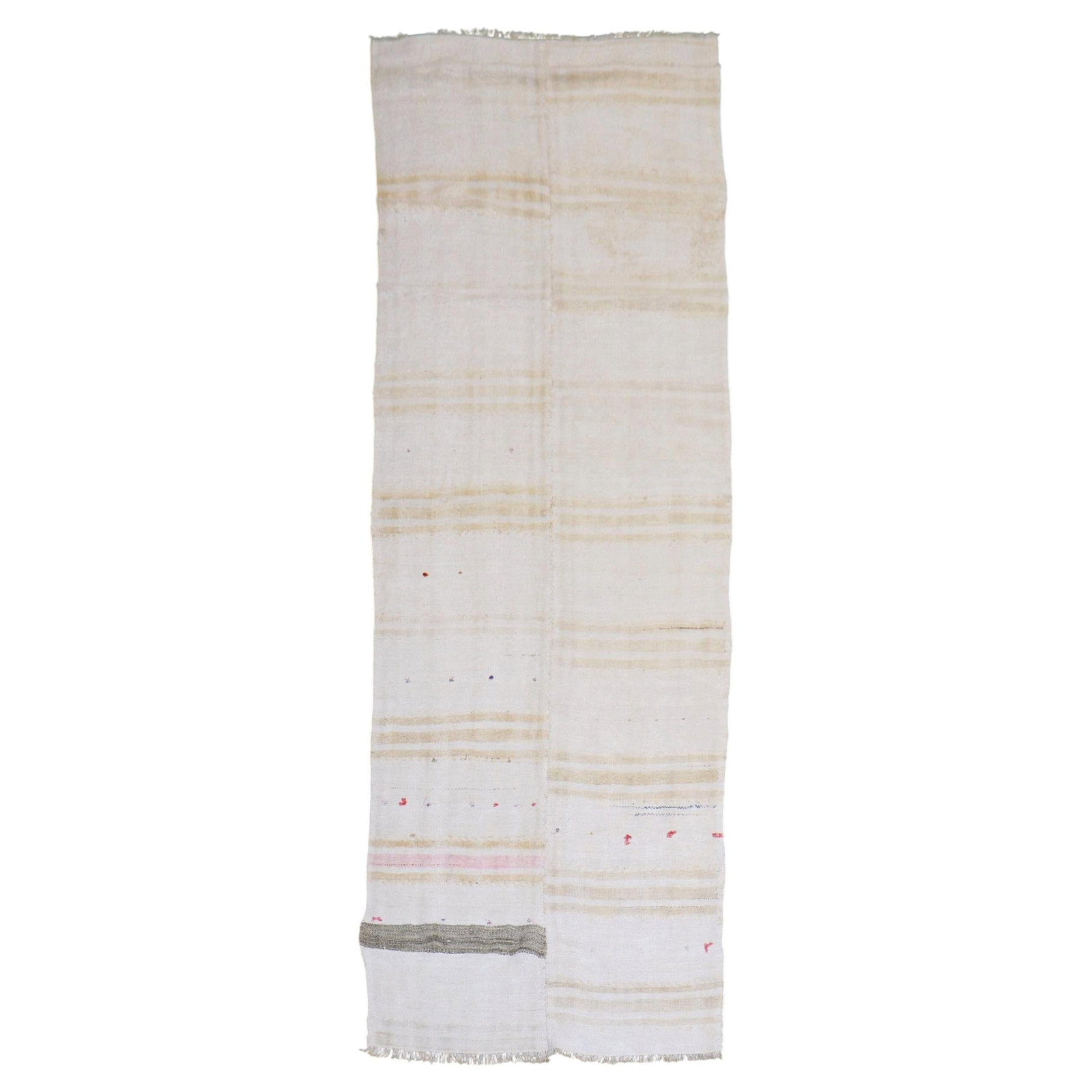 Mid Century Turkish Wool Kilim Gallery Runner 4' x 11'5'': Mid Century Turkish Wool Kilim Gallery Runner 4' x 11'5'' This vintage Turkish Kilim runner dates to the mid-20th century and features a gallery size suitable for hallways or large spaces. Crafted fro