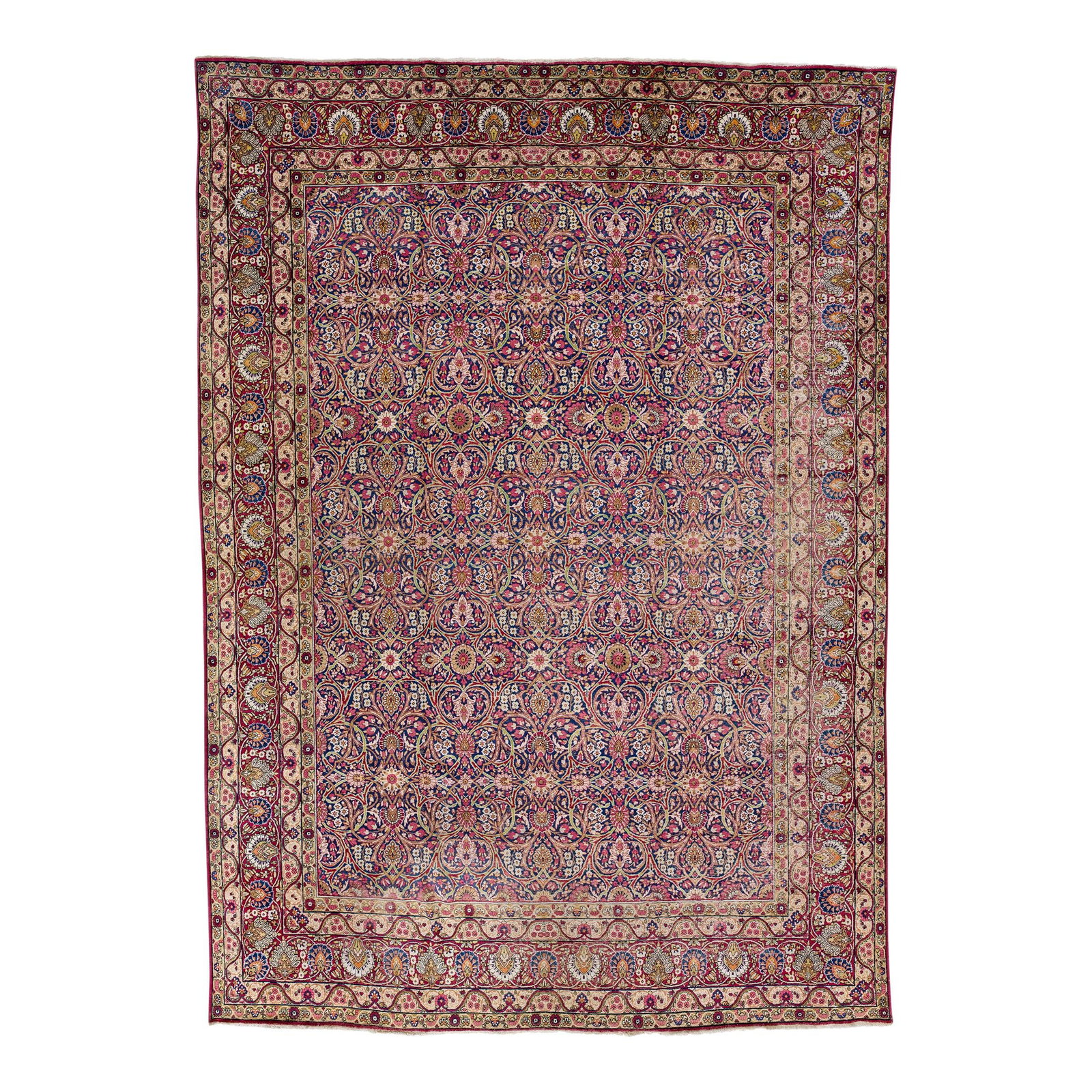 Antique Kerman Hand-Knotted Wool Rug 11' x 15'5' Multicolor Floral Design: Antique Kerman Hand-Knotted Wool Rug 11' x 15'5' Multicolor Floral Design Enhance your space with this exquisite antique Kerman hand-knotted wool rug. Featuring a rich navy blue field, this Persian ru