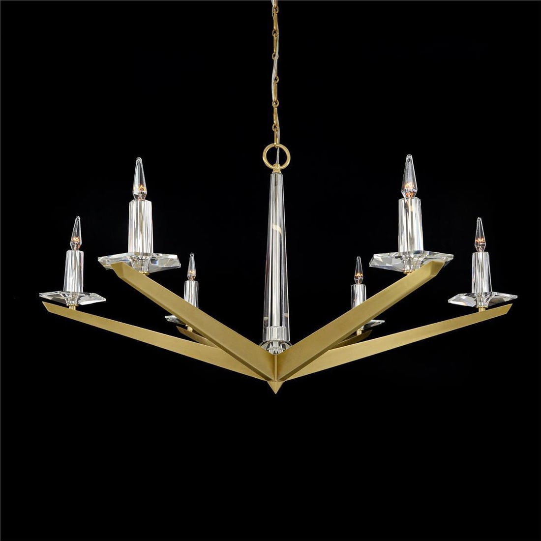 Antares Art Deco 6-Light Chandelier in Natural Brass and Crystal: Antares Art Deco 6-Light Chandelier in Natural Brass and Crystal Illuminate your space with the stunning Antares Art Deco Brass and Crystal Chandelier, designed to bring a touch of vintage elegance to