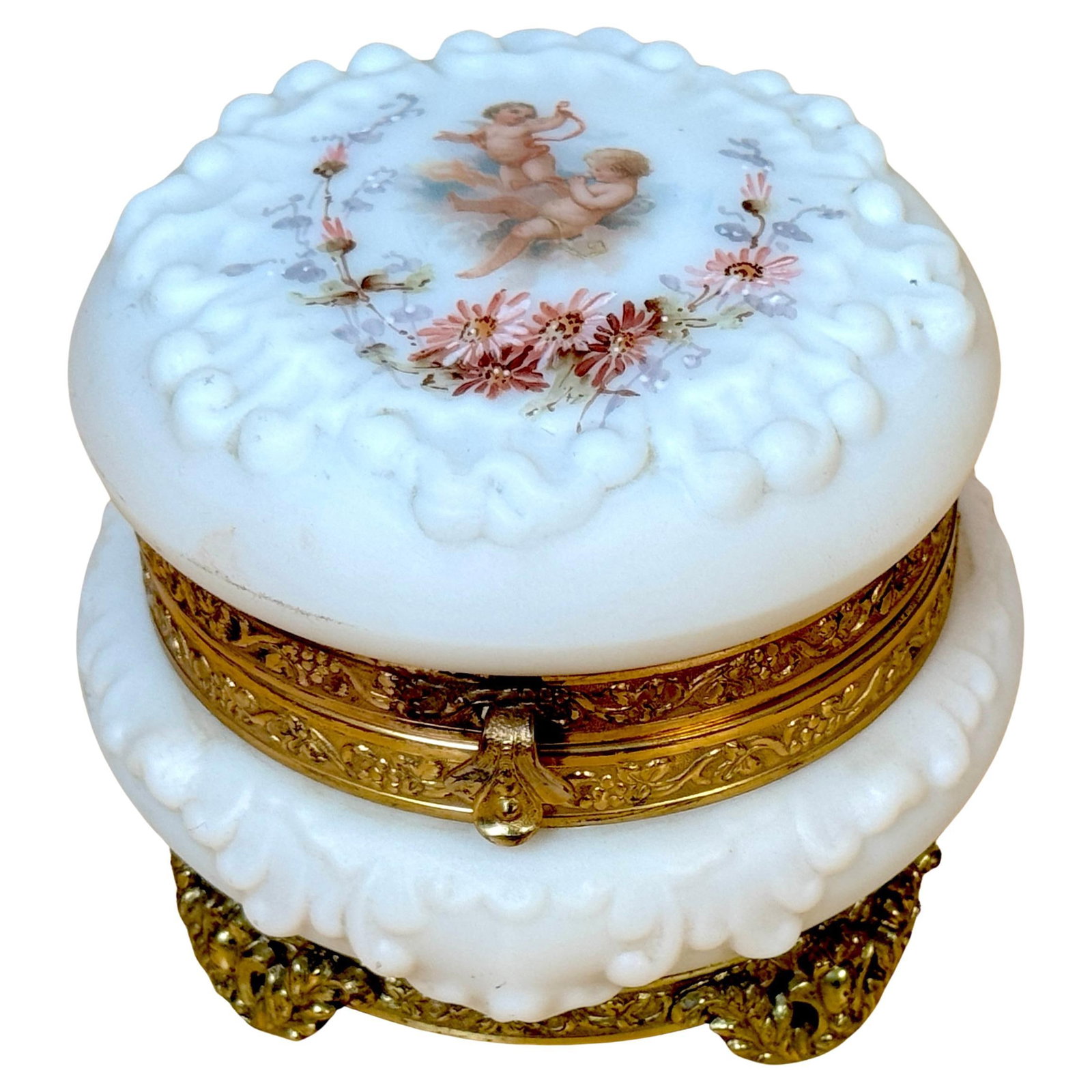 19th Century Wavecrest Opal Glass Putti Box by CF Monroe: 19th Century Wavecrest Opal Glass Putti Box by CF Monroe Experience the elegance of the late 19th century with this exquisite signed Wavecrest opal glass putti motif table box. Crafted by the C.F. Mon