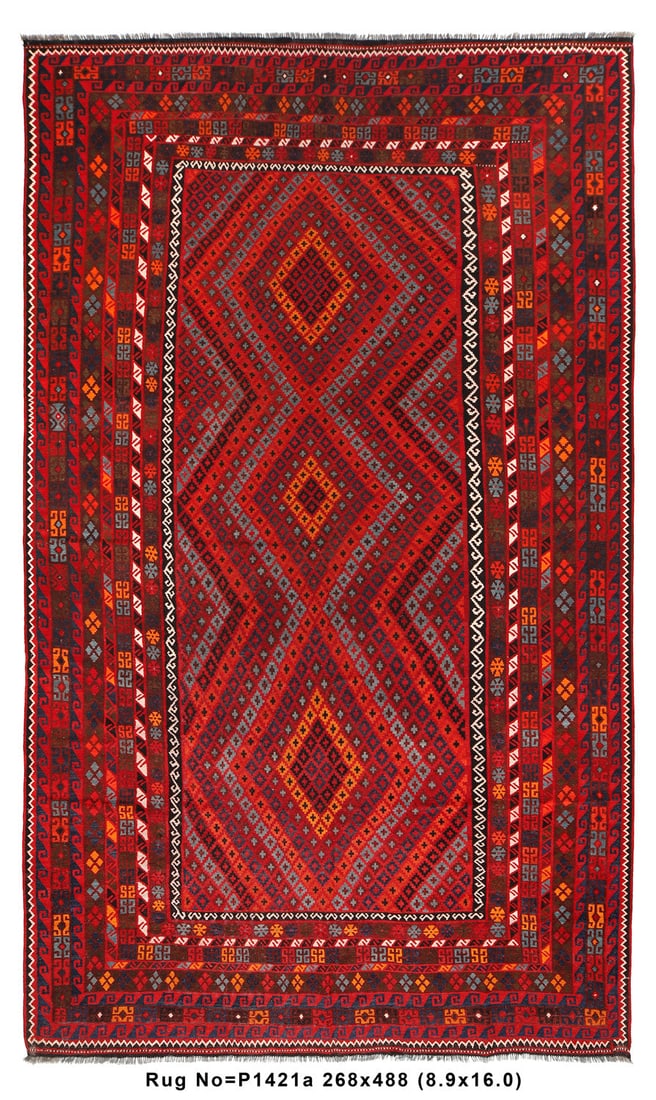 Handmade 8.9 x 16.0 Afghan Kilim Wool Area Rug: Handmade 8.9 x 16.0 Afghan Kilim Wool Area Rug Free continental US Shipping Elevate your home decor with this exquisite 9' x 16' Large Kilim Wool Rug, handcrafted in Afghanistan. This stunning rug sho