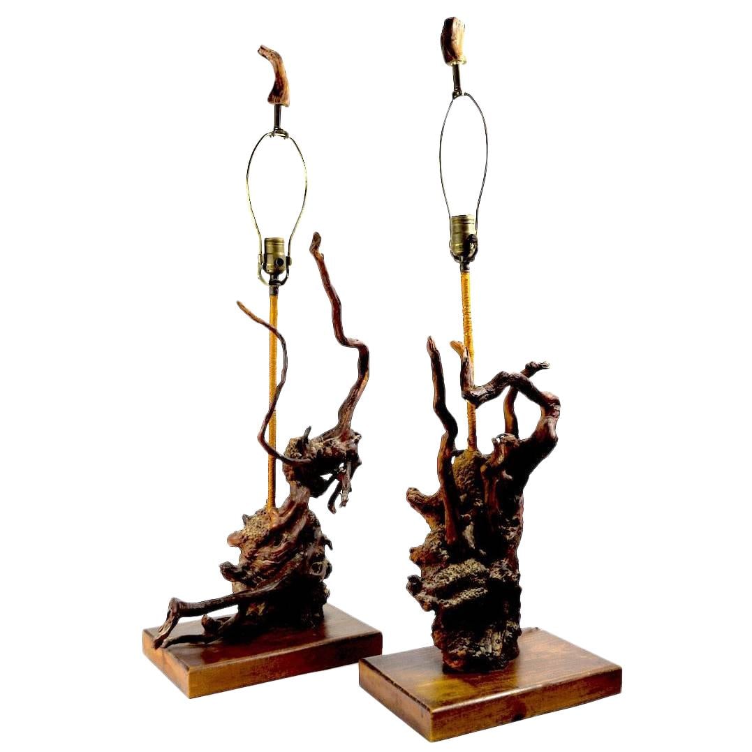 Artistic Pair of Driftwood Lamps with Dark Finish: Artistic Pair of Driftwood Lamps with Dark Finish This captivating pair of sculptural driftwood lamps features a striking dark finish that enhances their unique design. Each lamp stands 36.0 inches ta