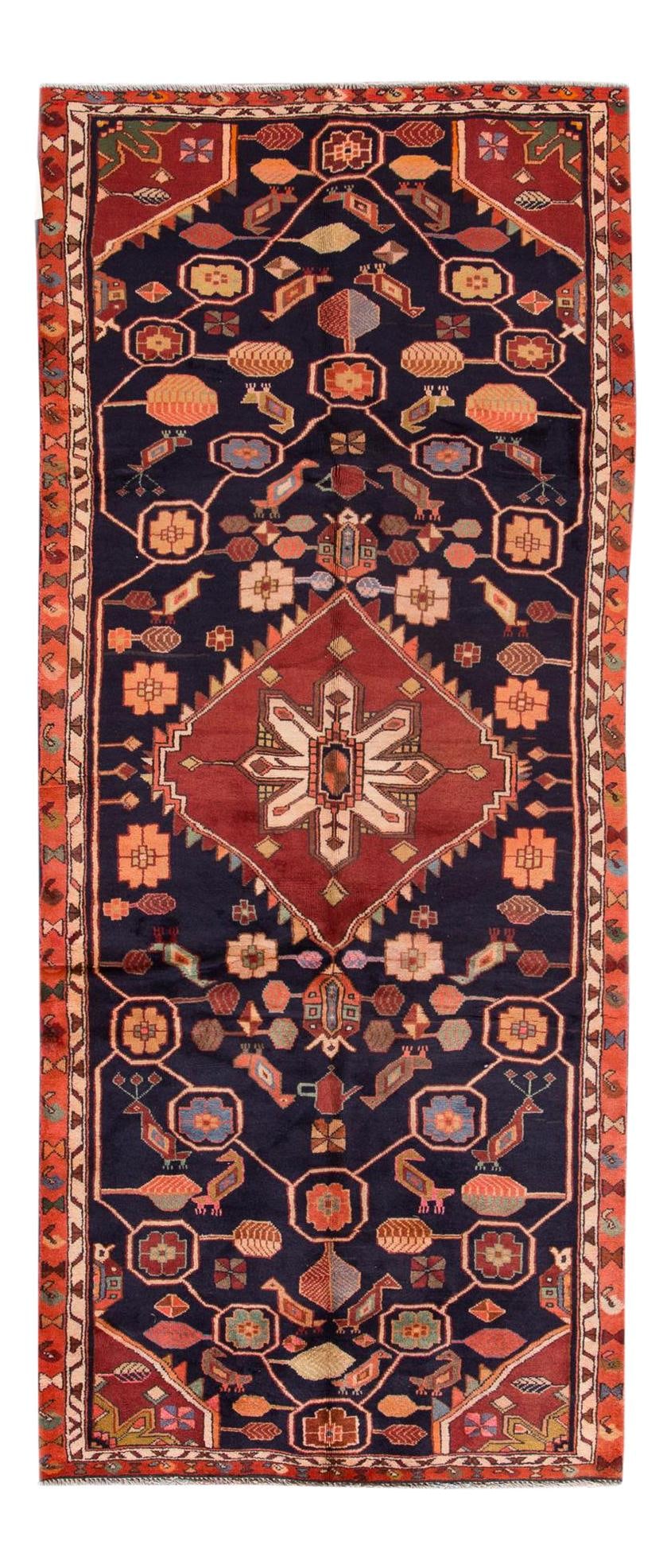 Handmade Blue Vintage Hamadan Wool Runner 3'10 x 9'1: Handmade Blue Vintage Hamadan Wool Runner 3'10 x 9'1 Enhance your space with this stunning Vintage Hamadan Handmade Wool Runner, featuring a captivating blue field adorned with a traditional geometric