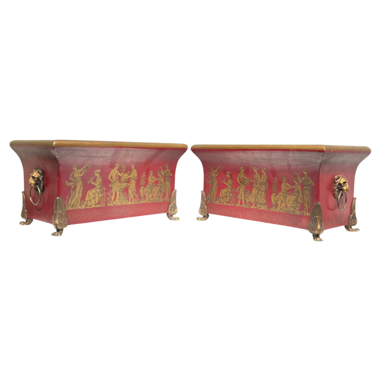 Set of 2 Greco Roman Red Painted Metal Jardinieres Bronze Feet (1 of 9)