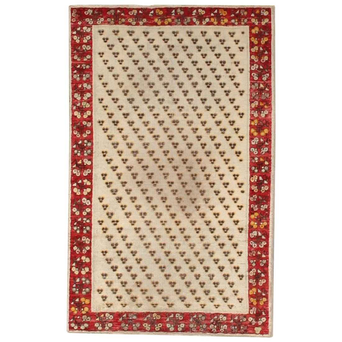 Antique Turkish Ghiordes Wool Hand Knotted Ivory Red Scatter Rug (1 of 7)