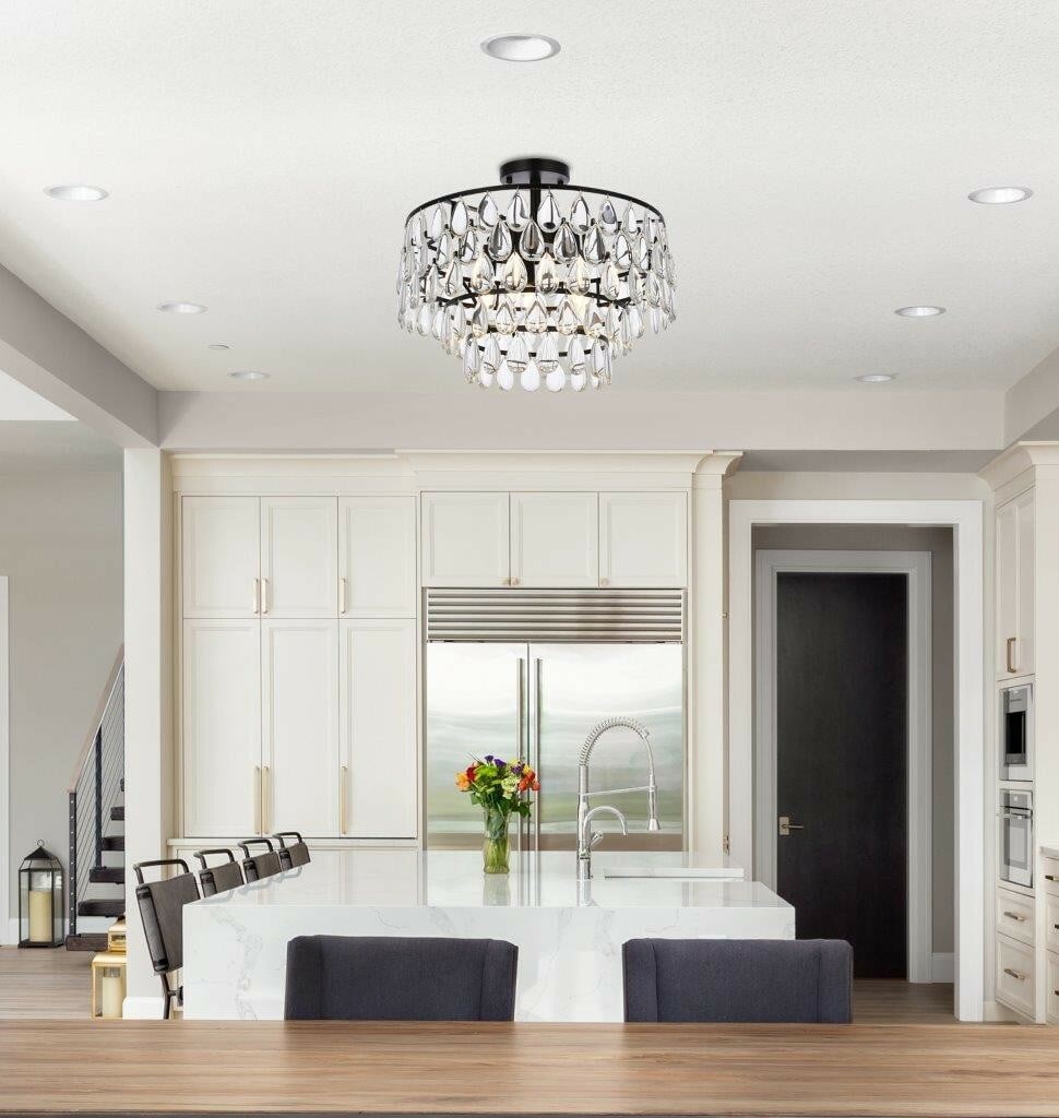 Living District Mila 5-Light Black Crystal Flush Mount Chandelier: Living District Mila 5-Light Black Crystal Flush Mount Chandelier This modern semi flush mount chandelier features a sleek black finish with high-quality glass or crystal drops, adding a touch of eleg