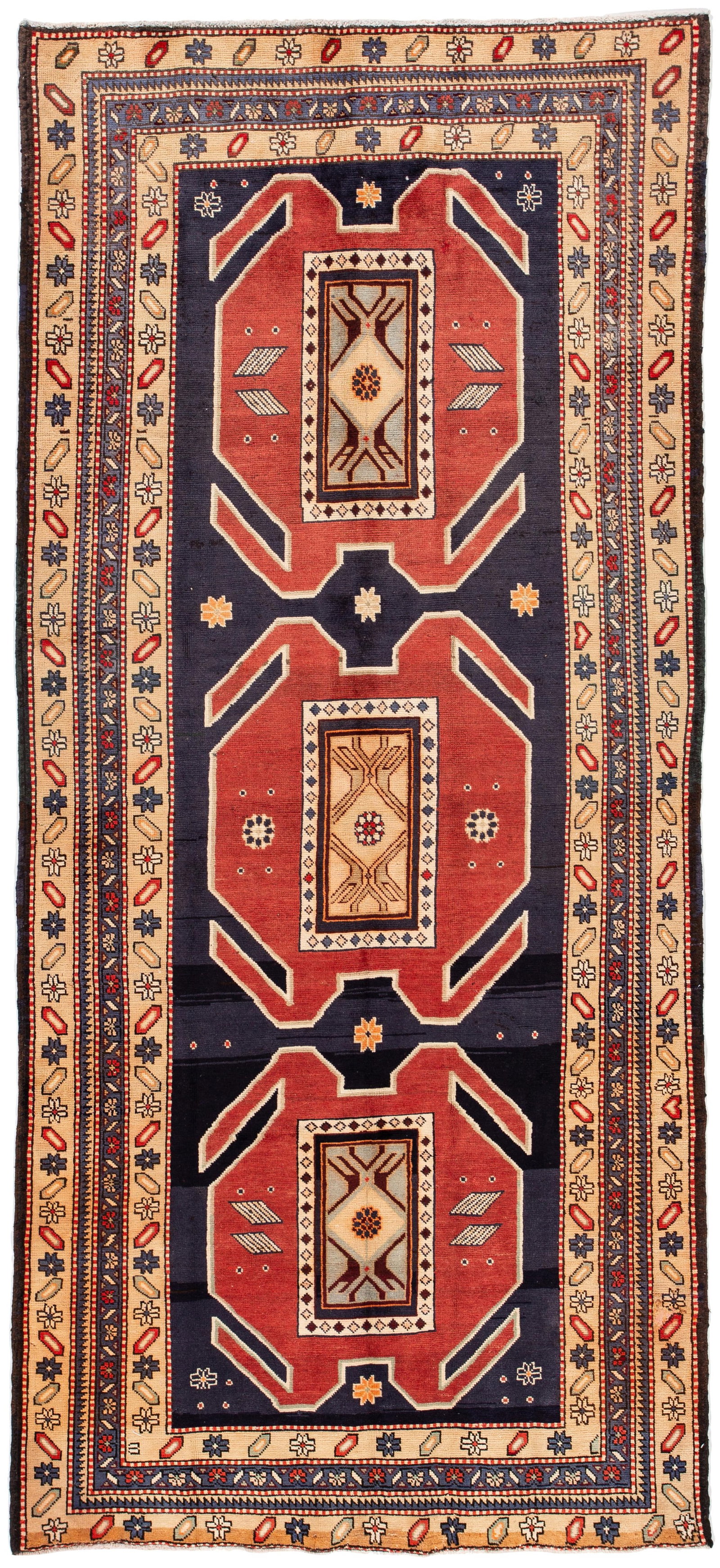 Vintage Persian Hand-Knotted Wool Runner Rug 4'6 x 10'2 Blue and Orange: Vintage Persian Hand-Knotted Wool Runner Rug 4'6 x 10'2 Blue and Orange This exquisite Vintage Persian runner rug is hand-knotted from premium wool, featuring a captivating blue and orange field adorn