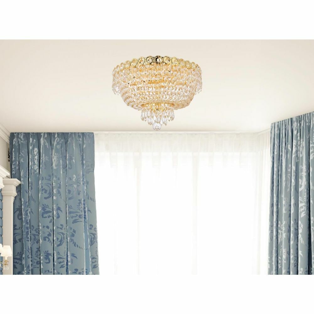 Gold Crystal Flush Mount Chandelier Century 4 Light 16 Inch: Gold Crystal Flush Mount Chandelier Century 4 Light 16 Inch This is a pre-owned modern flush mount ceiling chandelier from the Century Collection, featuring a gold-finished frame adorned with Royal Cu