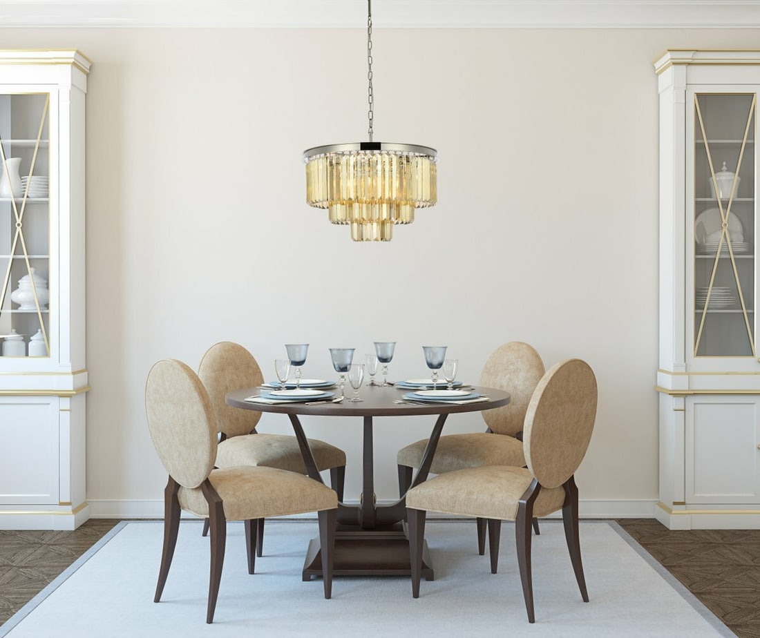Sydney 9 Light Crystal Chandelier Polished Nickel Golden Teak 26 inch: Sydney 9 Light Crystal Chandelier Polished Nickel Golden Teak 26 inch This modern chandelier features nine lights and a striking combination of polished nickel and royal cut golden teak crystals. The 